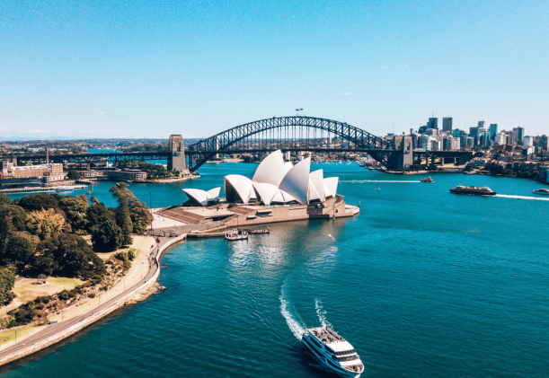 Vy över Sydney och Sydney Opera House ifrån luften